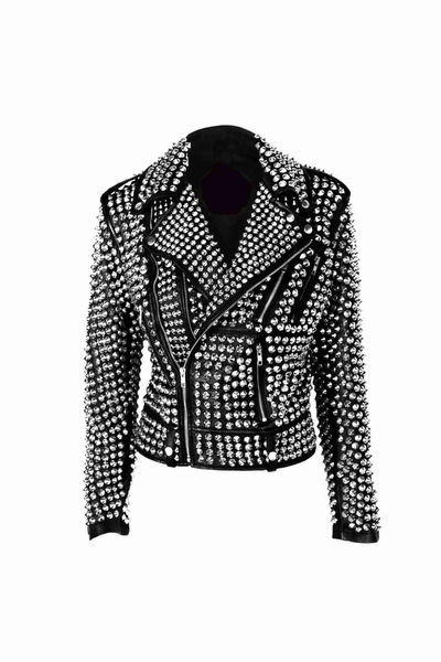 New Woman Black Silver Studded Punk Rock Cowhide Biker Leather Jacket XS TO 6XL