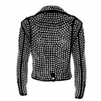 New Woman Black Silver Studded Punk Rock Cowhide Biker Leather Jacket XS TO 6XL - Thumbnail 1