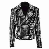 New Woman Black Silver Studded Punk Rock Cowhide Biker Leather Jacket XS TO 6XL - Thumbnail 4