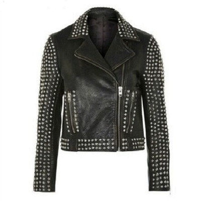 New woman punk black silver studded brando style cowhide biker leather jacket
