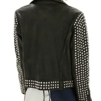 New Woman Punk Black Silver Studded Brando Style Cowhide Biker Leather Jacket - Thumbnail 1