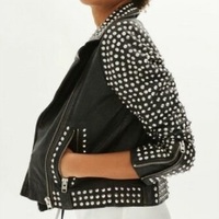 New Woman Punk Black Silver Studded Brando Style Cowhide Biker Leather Jacket - Thumbnail 2