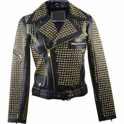 New Woman Black Punk Full Golden Studded Brando Belted Cowhide Leather Jacket