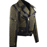 New Woman Black Punk Full Golden Studded Brando Belted Cowhide Leather Jacket - Thumbnail 1