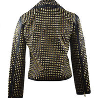 New Woman Black Punk Full Golden Studded Brando Belted Cowhide Leather Jacket - Thumbnail 2