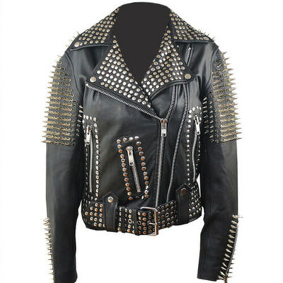 New Woman Black Punk Silver Spiked Studded Cowhide Brando Belted Leather Jacket
