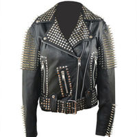 New Woman Black Punk Silver Spiked Studded Cowhide Brando Belted Leather Jacket - Thumbnail 3