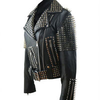 New Woman Black Punk Silver Spiked Studded Cowhide Brando Belted Leather Jacket - Thumbnail 4