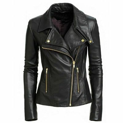 New women's black slim fit biker style moto real leather jacket