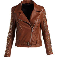 New Woman Brown Gold Silver Studded Brando Punk Cowhide Leather Jacket XS TO 6XL - Thumbnail 1
