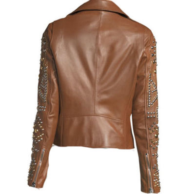 New Woman Brown Gold Silver Studded Brando Punk Cowhide Leather Jacket XS TO 6XL