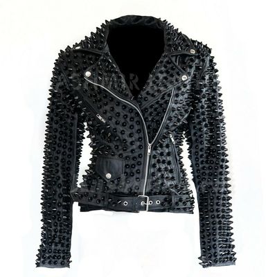 New woman rock punk full black tonal spiked studded brando biker leather jacket