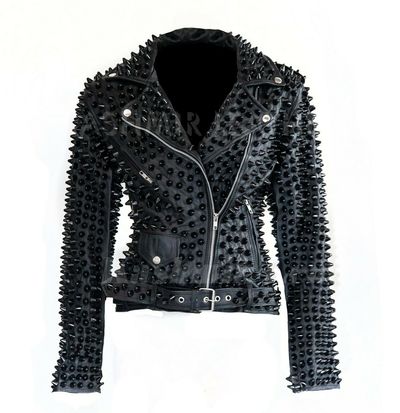 New Woman Rock Punk Full Black Tonal Spiked Studded Brando Biker Leather Jacket