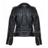 New Woman Rock Punk Full Black Tonal Spiked Studded Brando Biker Leather Jacket - Thumbnail 1