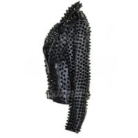 New Woman Rock Punk Full Black Tonal Spiked Studded Brando Biker Leather Jacket - Thumbnail 2