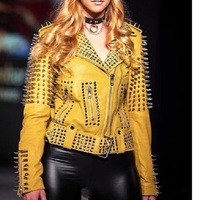 Handmade Women's Yellow Fashion Studded Punk Style Leather Jacket - Thumbnail 1