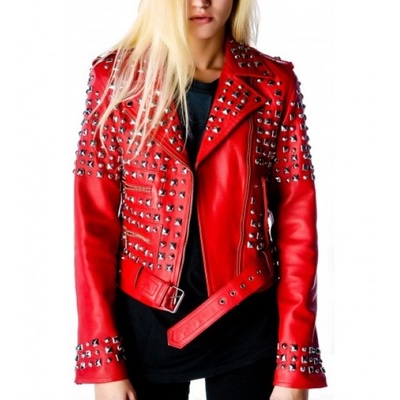 Handmade women's red fashion studded punk style leather jacket