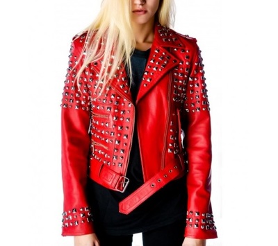 Handmade Women's Red Fashion Studded Punk Style Leather Jacket
