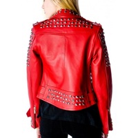 Handmade Women's Red Fashion Studded Punk Style Leather Jacket - Thumbnail 1