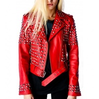 Handmade Women's Red Fashion Studded Punk Style Leather Jacket - Thumbnail 4