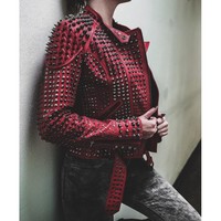 Handmade Women's Red Fashion Studded Punk Style Leather Jacket - Thumbnail 2