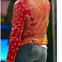 Handmade Women's Red Fashion Studded Punk Style Leather Jacket - Thumbnail 1