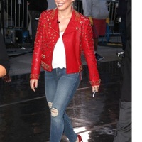 Handmade Women's Red Fashion Studded Punk Style Leather Jacket - Thumbnail 4