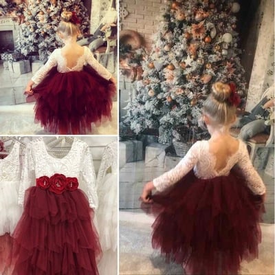Cute burgundy flower girl dresses with handmade flowers - Thumbnail 4