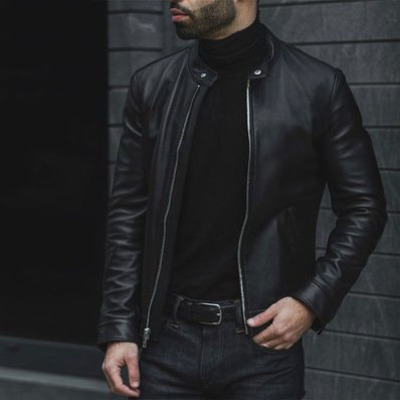 Men slim fit leather black jacket, men biker bomber fashion original jacket - Thumbnail 3