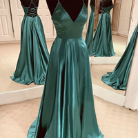 Green satin long prom dress evening dress - Thumbnail 1