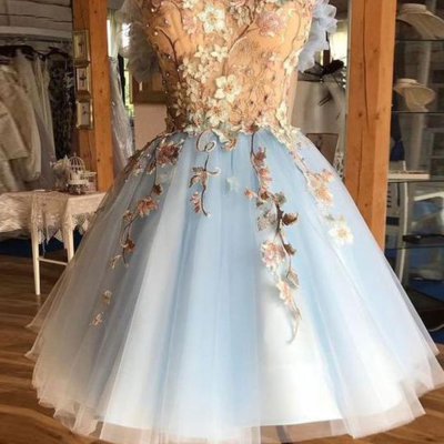 Off shoulder cute above-knee light blue homecoming prom dress with appliques - Thumbnail 5
