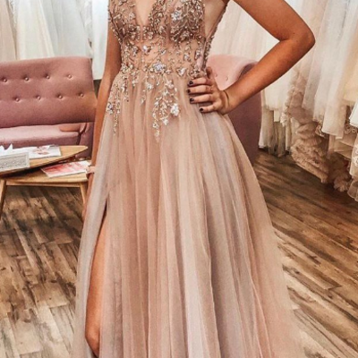 Gorgeous spaghetti straps v neck  a-line tulle prom dresses with beading - Thumbnail 3