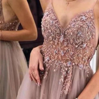 Gorgeous Spaghetti Straps V Neck  A-Line Tulle Prom Dresses With Beading - Thumbnail 1