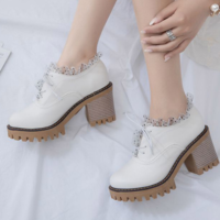 Lace up Ruffles Black and White High Heels Shoes - Thumbnail 3
