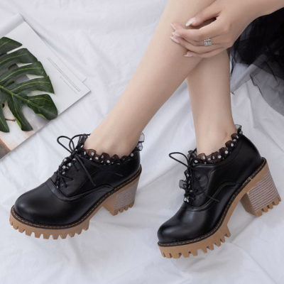 Lace up Ruffles Black and White High Heels Shoes