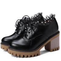 Lace up Ruffles Black and White High Heels Shoes - Thumbnail 1