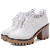 Lace up Ruffles Black and White High Heels Shoes - Thumbnail 4