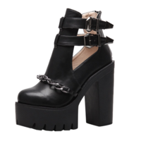 Gothic Punk Black Chunky Heel Motorcycle Ankle Boots - Thumbnail 2