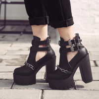 Gothic Punk Black Chunky Heel Motorcycle Ankle Boots - Thumbnail 1
