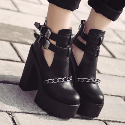 Gothic punk black chunky heel motorcycle ankle boots