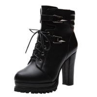 Buckle Design Black Leather Side Zip Ankle Boots - Thumbnail 1