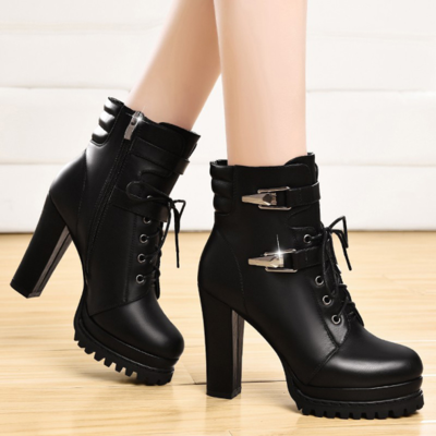 Buckle design black leather side zip ankle boots