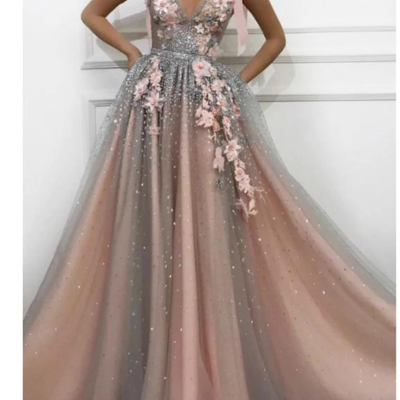 Deep v neck gorgeous sparkly sequined tulle long dress - Thumbnail 5