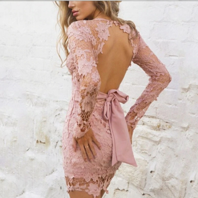 Sexy backless long sleeve v neck lace dress - Thumbnail 4