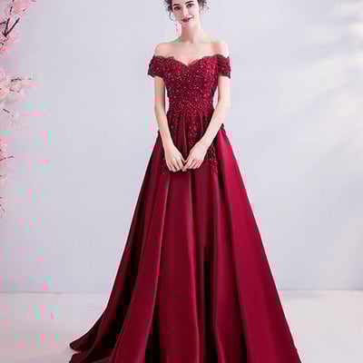 Burgundy lace long prom dress formal dress - Thumbnail 5