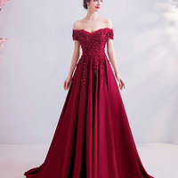 Burgundy lace long prom dress formal dress - Thumbnail 1