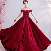 Burgundy lace long prom dress formal dress - Thumbnail 3