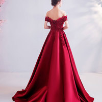 Burgundy lace long prom dress formal dress - Thumbnail 4