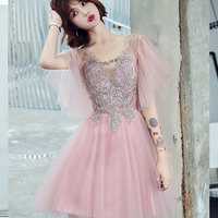 Pink v neck tulle lace short prom dress, cocktail dress - Thumbnail 1