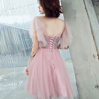 Pink v neck tulle lace short prom dress, cocktail dress - Thumbnail 3